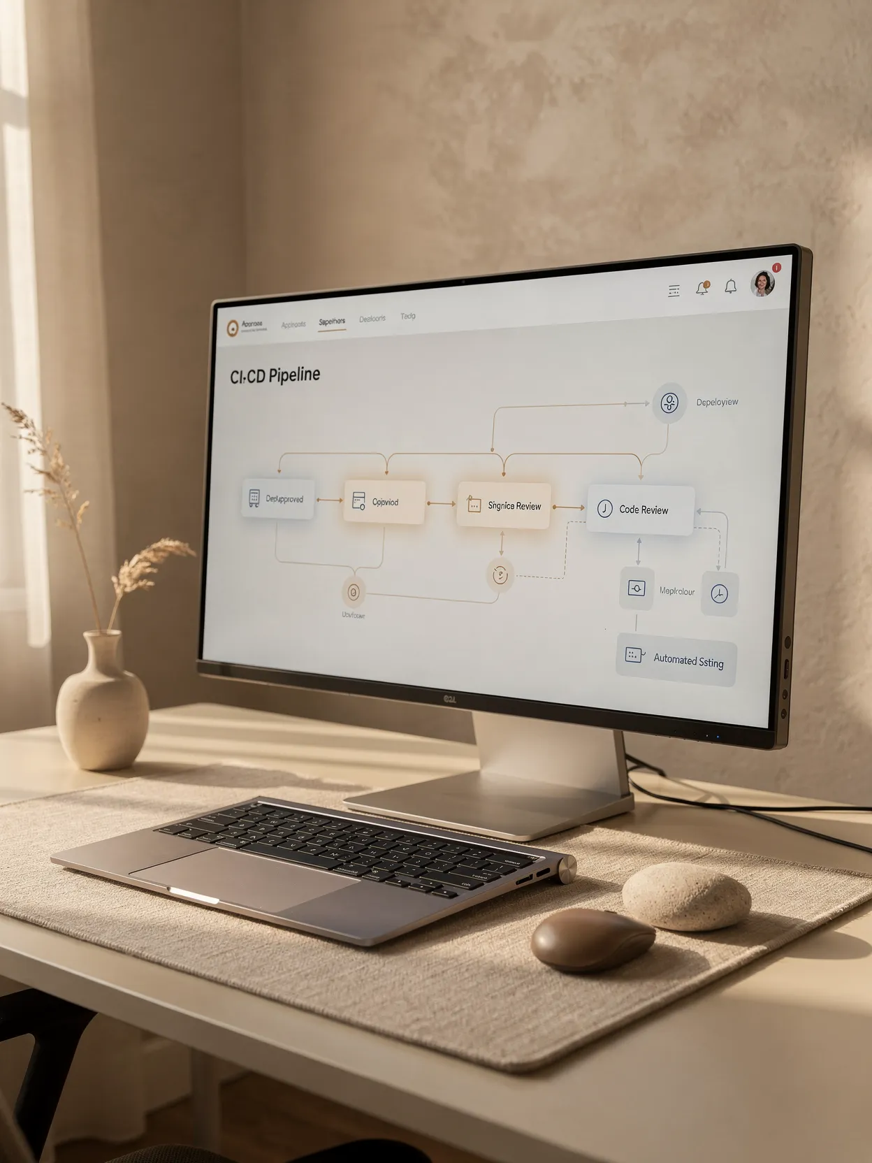 Monitor afișând un CI/CD pipeline cu etape de review și deployment