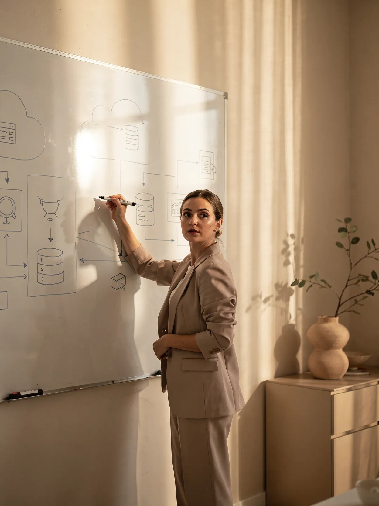 Inginer cloud planificând arhitectura pe whiteboard