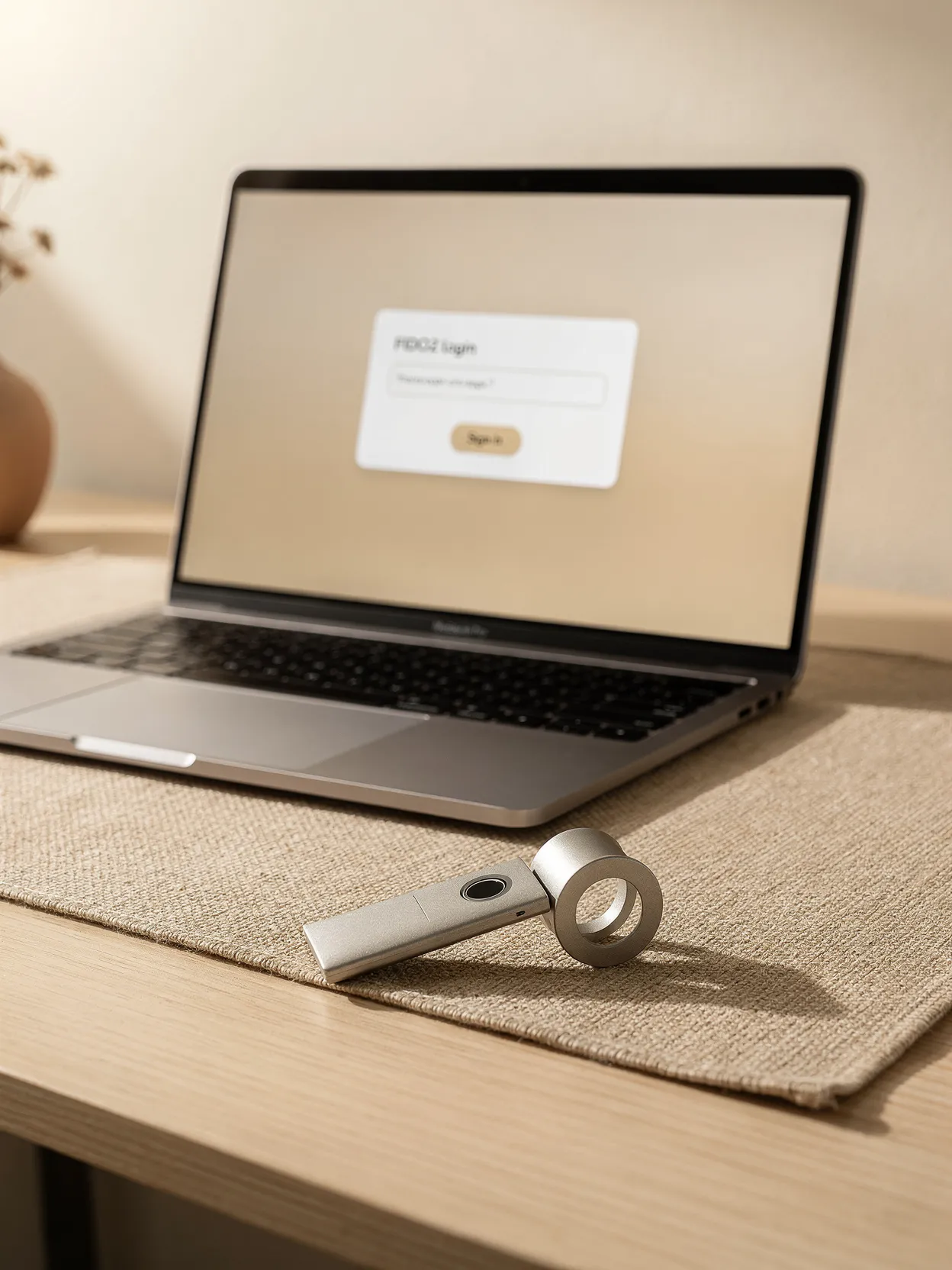 Laptop cu cheie FIDO2 pentru autentificare passwordless
