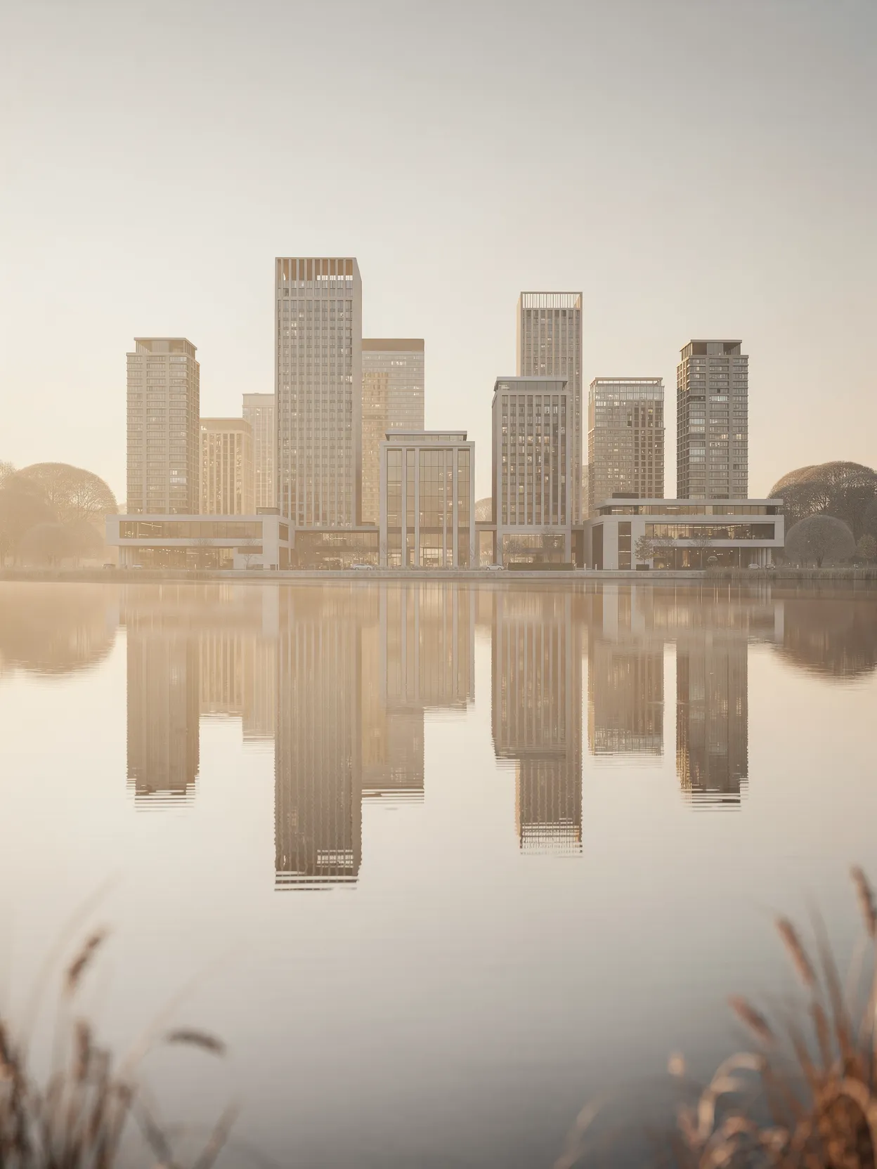 Skyline de oraș reflectat în apă — continuitate și reziliență