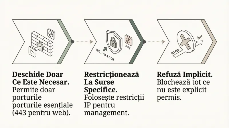 Cele trei principii de securitate: deschide doar ce este necesar, restricționează la surse specifice, refuză implicit