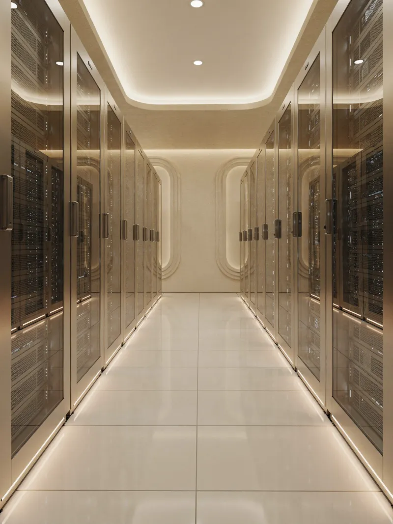 Coridor de datacenter modern cu rack-uri de servere