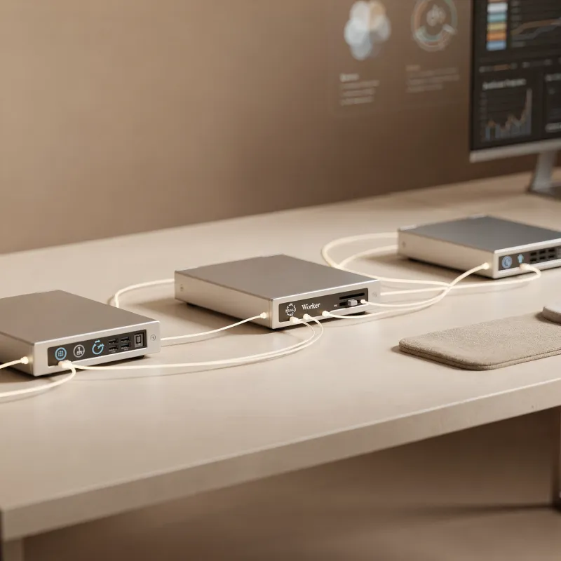 Trei servere conectate între ele prin cabluri — File Share partajat