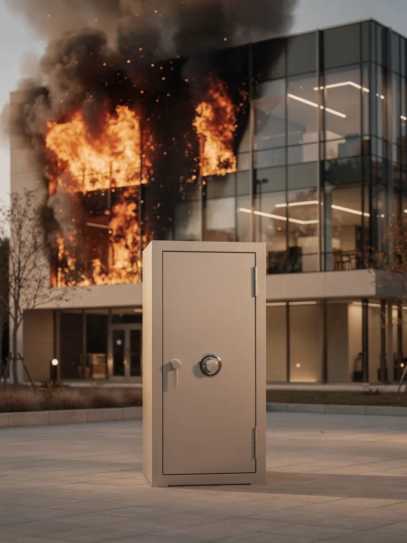 Seif rezistent în fața unei clădiri în flăcări — datele supraviețuiesc dezastrului