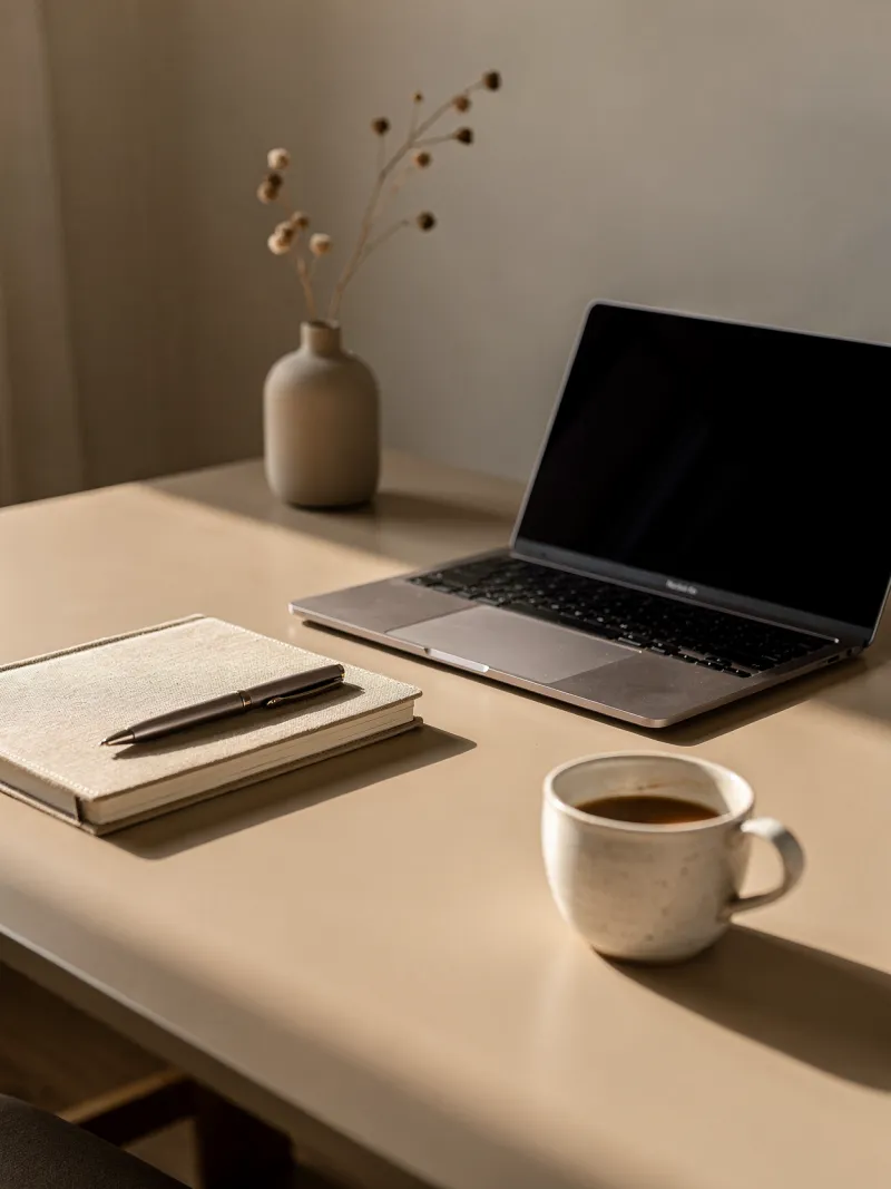 Birou curat cu laptop și cafea — studiu individual