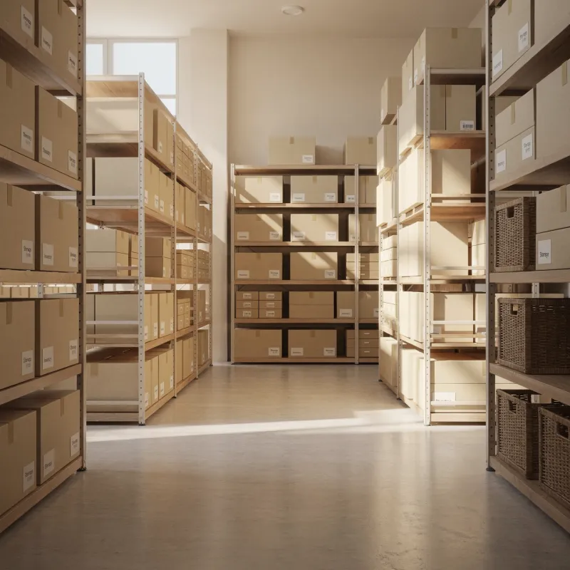 Depozit cu rafturi pline de cutii etichetate — analogia Blob Storage