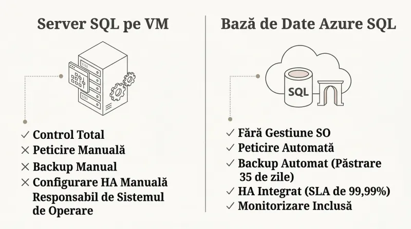 Comparație vizuală: Server SQL pe VM vs Bază de Date Azure SQL