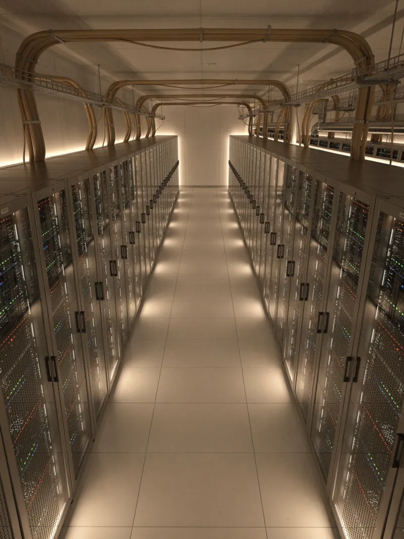 Culoar de datacenter cu rack-uri de servere și cabluri