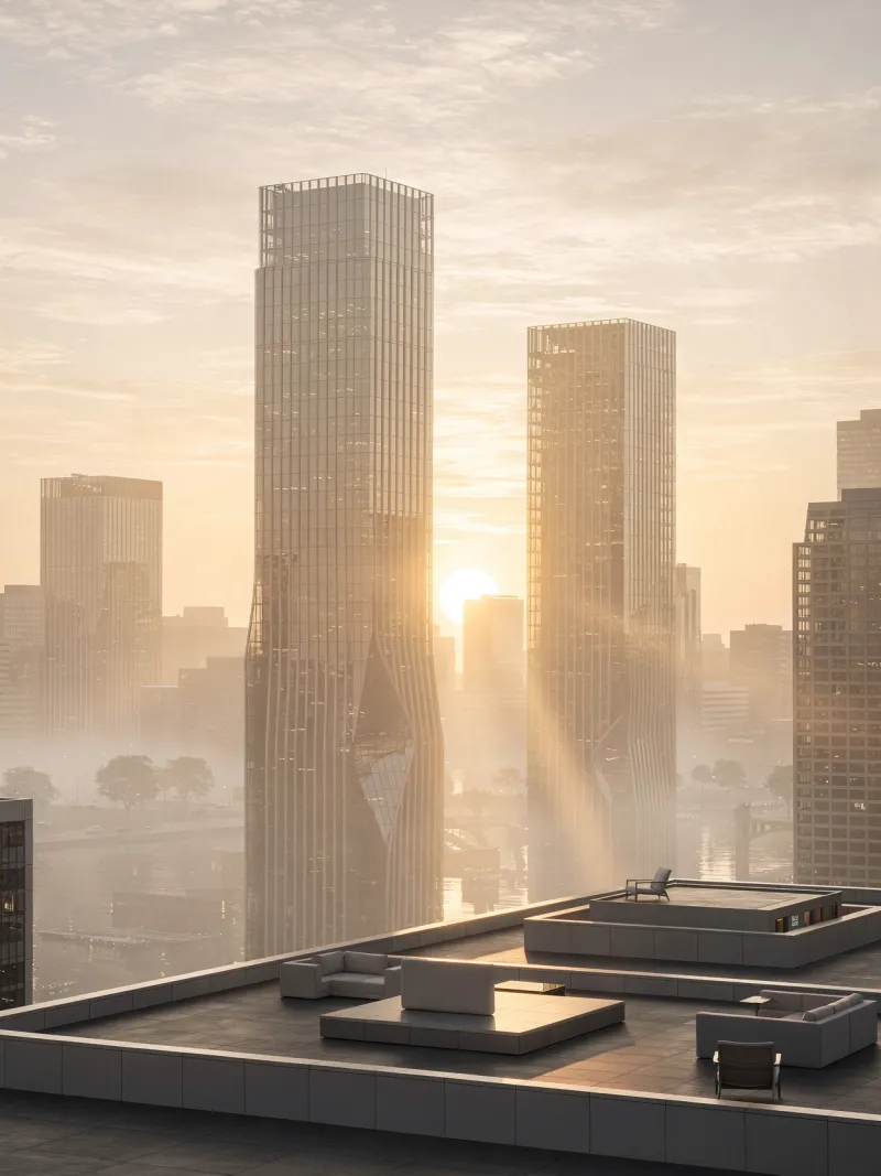 Silueta unui oraș modern la răsărit — simbolul viitorului în cariera cloud